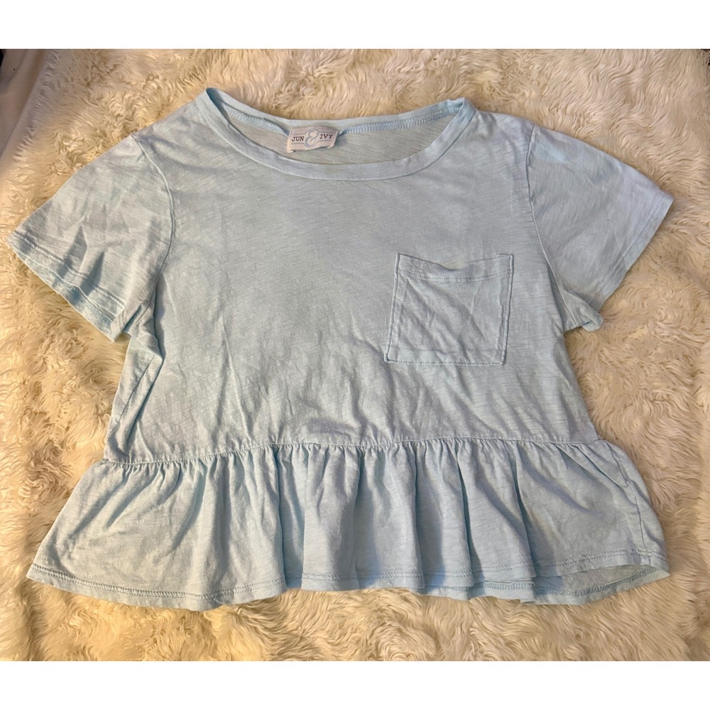 Jun & Ivy Peplum T-Shirt Small Light Blue Ruffle Hem Pocket Tee Coquette Pastel